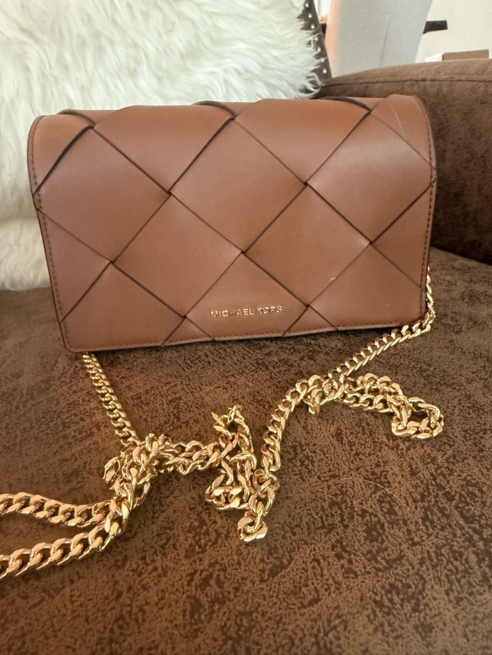 Michael Kors Cognac Quilted Leather Crossbody with Gold Chain